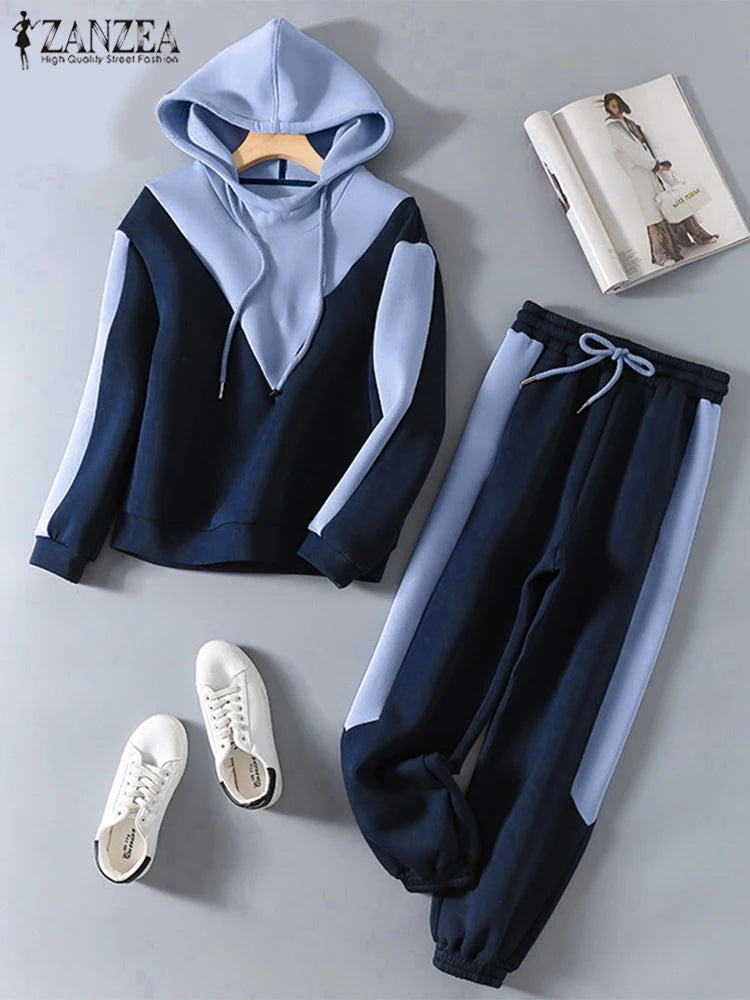 Amay Women Two Piece Sets Casual Colorblock Long Sleeve Autumn Tracksuit Chic Drawstring Hoodie Pants Set Sporty Outfits