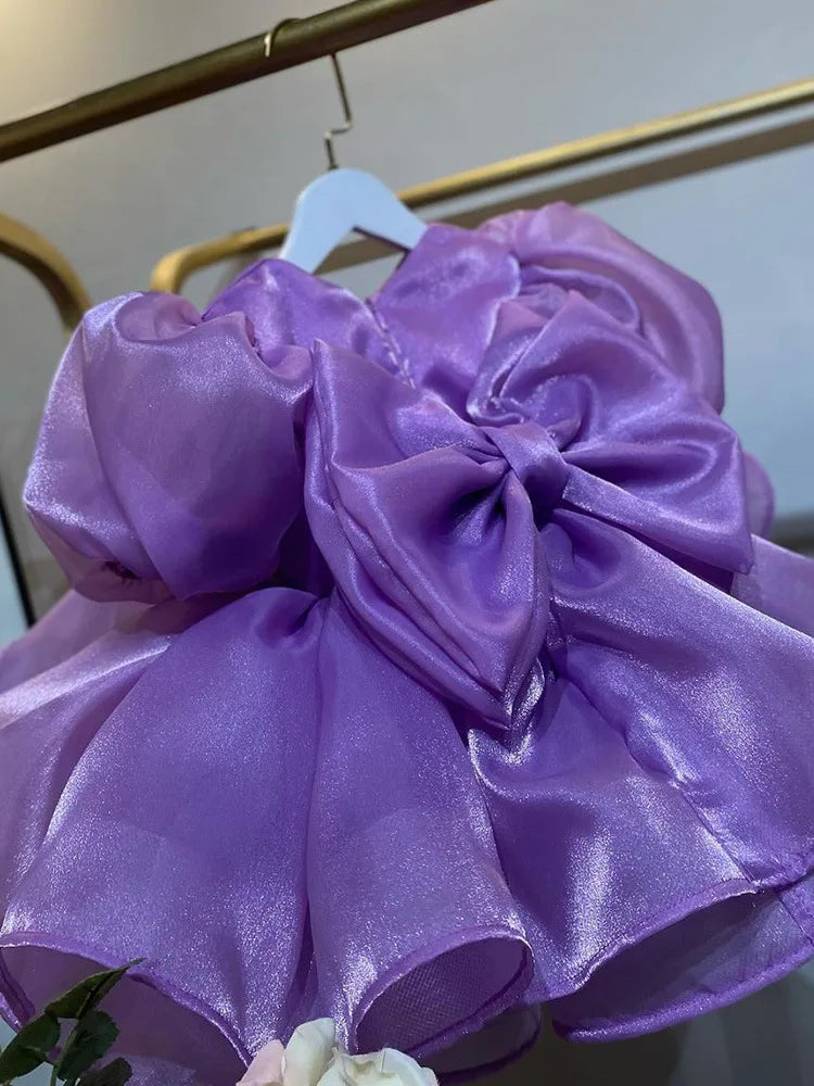 Maxy New satin luxury girl dress rose red bubble sleeve party clothing children's day performance clothing is suitable 0-12 years old