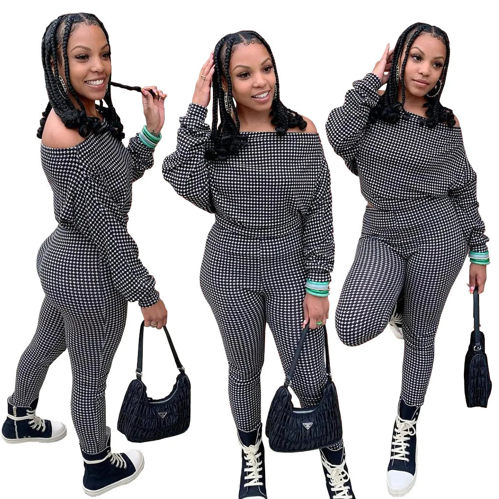Maxy New Tracksuit For Women Plaid Print Two Piece Set Casual 2 Pcs Outfits Long Sleeve Tshirts Pants Suits Matching Set