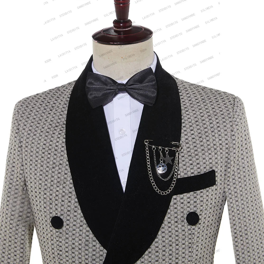 Maxy Fashion New Men's Business Double Breasted Suit Khaki Black Velvet Lapel Polka Dots Slim Fit Wedding 2 Pcs Set Jacket Pants