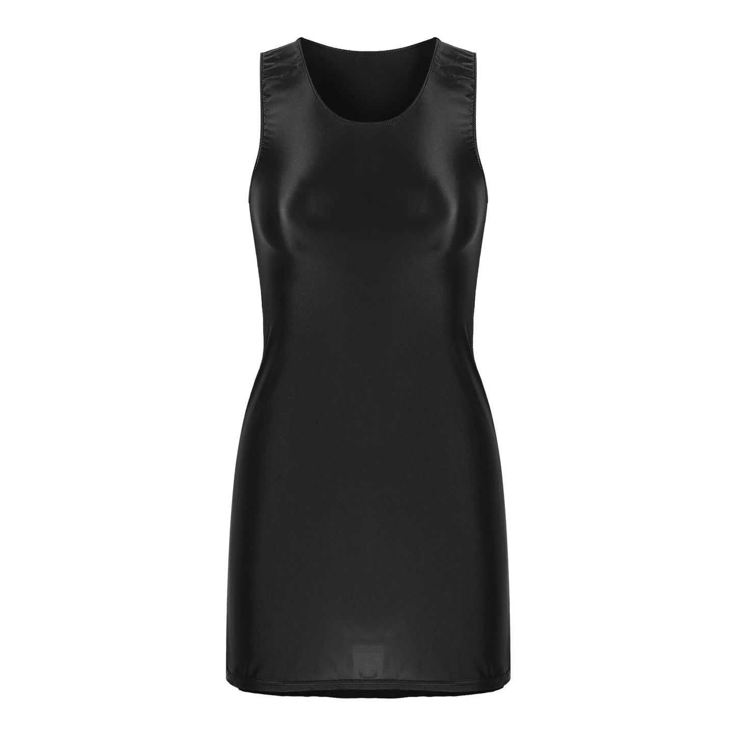 Maxy Women's Oil Glossy Stretch Tank Mini Dress Solid Color Sleeveless Tights Bodycon Short Dress Stretch U Neck Party Sundress