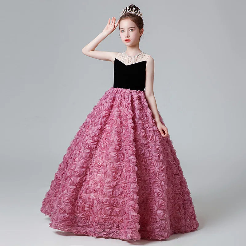 Amay Princess Girls rose Ball Gown Party Tutu Dresses Baby Kids Flower Girl Wedding Birthday Party Vestidos Children Clothing