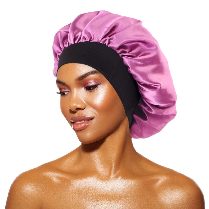 Maxy Women's Satin Solid Bonnets Wide-brimmed Night Sleeping Bathing Hat Unisex Head Wrap Elastic Band Cap Hair Care Bonnet