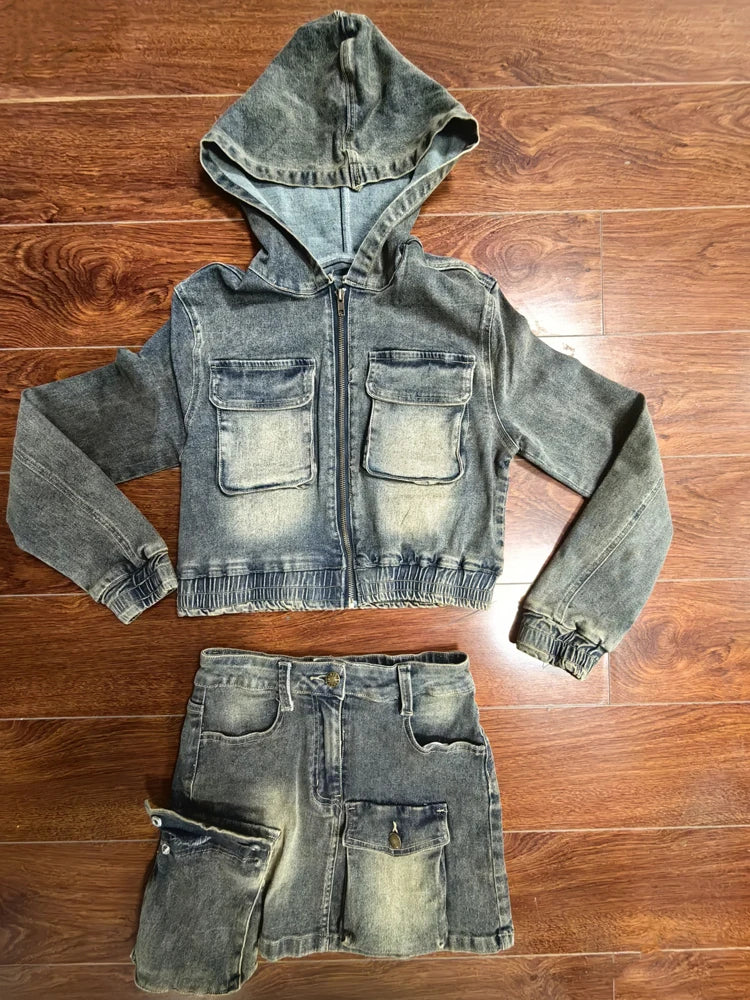 Maxy Women Jean Sets Two Piece Streetwear Distressed Denim Cargo Pockets Hooded Jacket and Skirt Suit 2pc Piece Skirts Set