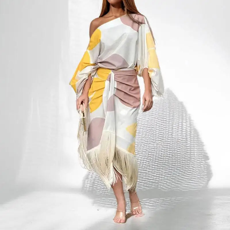 Maxy Women's Fashion Skirt Suits Spring Slash Neck Off-shoulder Printed Top Pleated Tassel Midi Skirt Two-piece Sets Female New Set