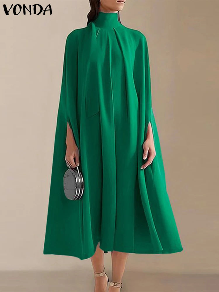 Maxy Elegant Party Dress Women Stand Collar Back Bandage Bow Midi Sundress Sleeveless Bat Sleeve Pleated