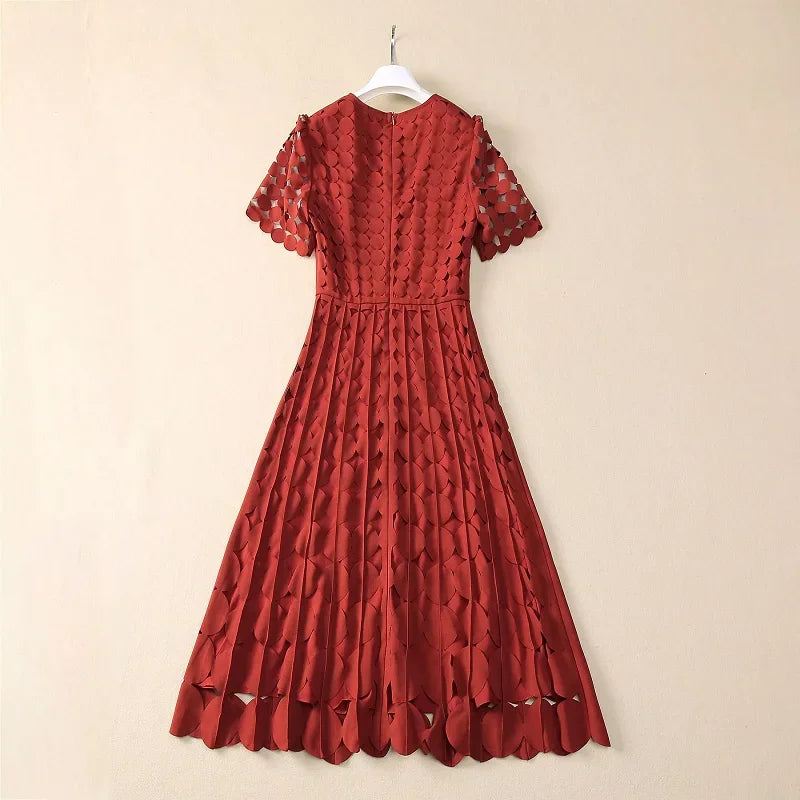 Maxy High Quality Brand New Spring Dress Women Hollow Out Dot Patterns Short Sleeve Mid-Calf Length Black Coffee Pink Dress XXL