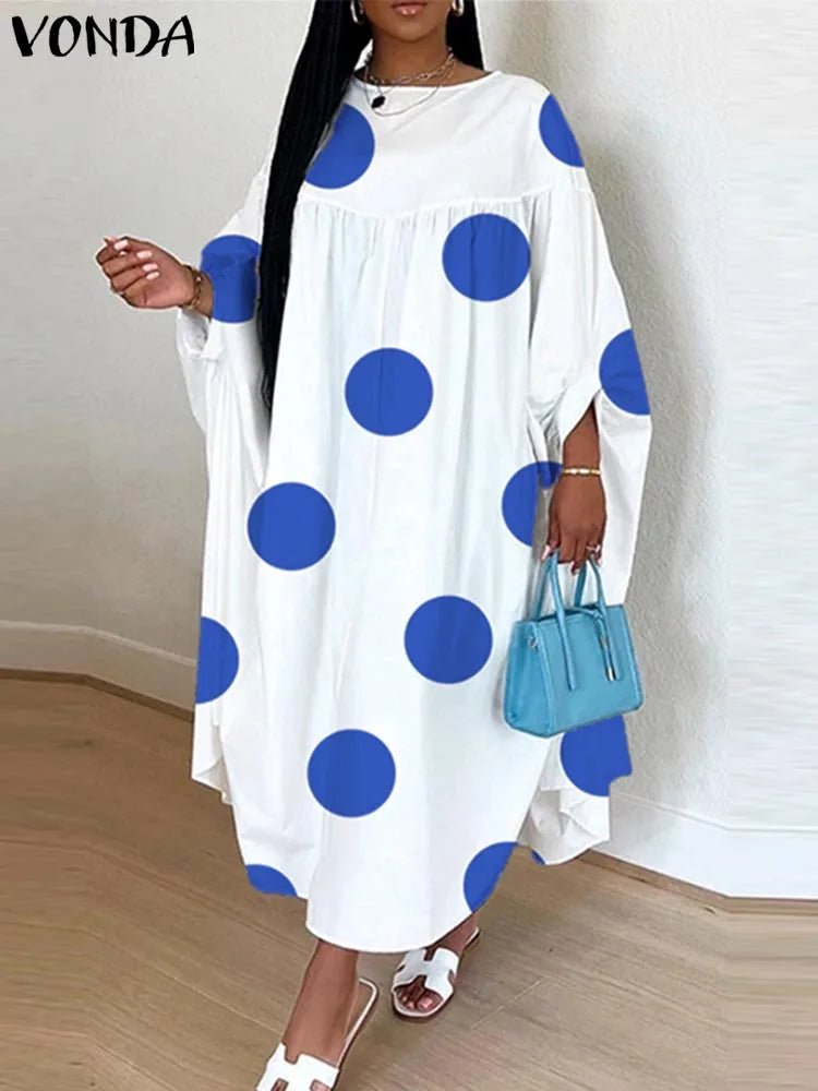 Maxy Plus Size Women Dot Printed Dress Bohemian Sundress Three Quarter Summer Party Vestidos Bat-wing Sleeve Casual Robe
