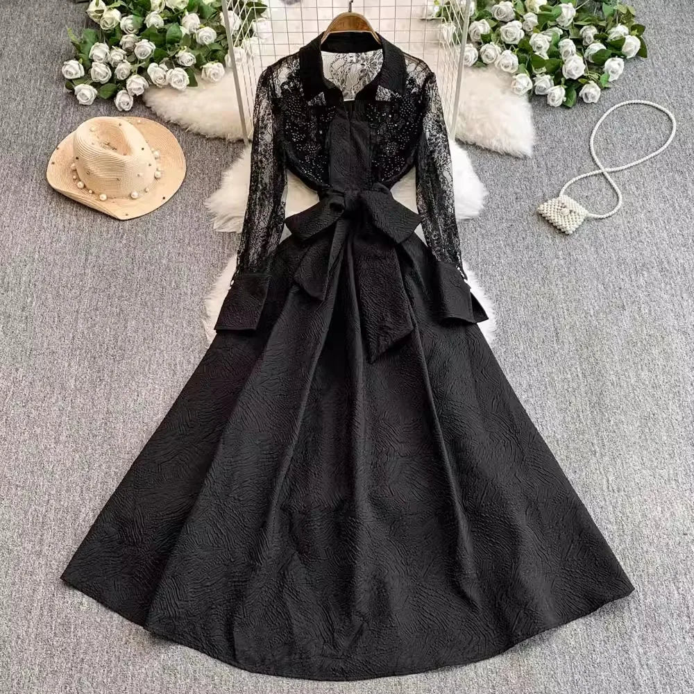 Maxy French Elegant Beading Mesh Lace Flower Embroidery Dress Women's Ruffles Pearls Single Breasted Belt Evening Party Vestidos