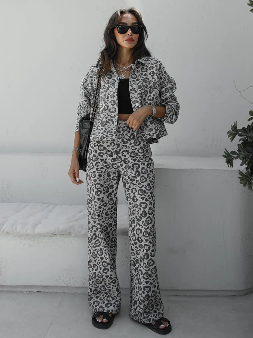 Maxy Leopard Print Women Nightgowns Set Long Sleeve Nightwear Turn-Down Collar Pajamas Pants Fashion Ladies Sleepwear Suit