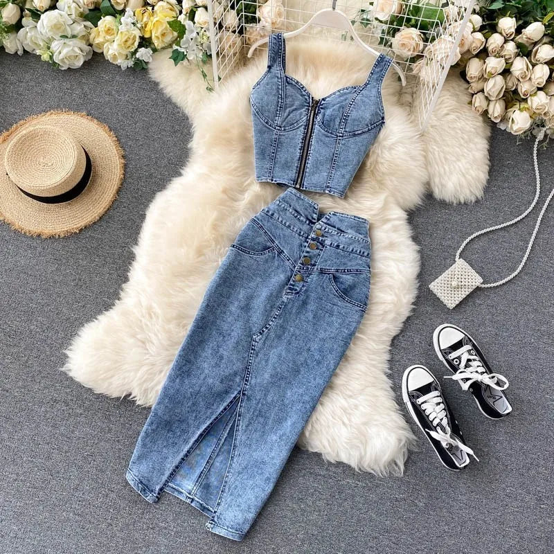 Maxy denim 2 piece set women Korean outfits summer top and skirt two piece set Sexy elegant 2024 fashion midi skirt new in matching