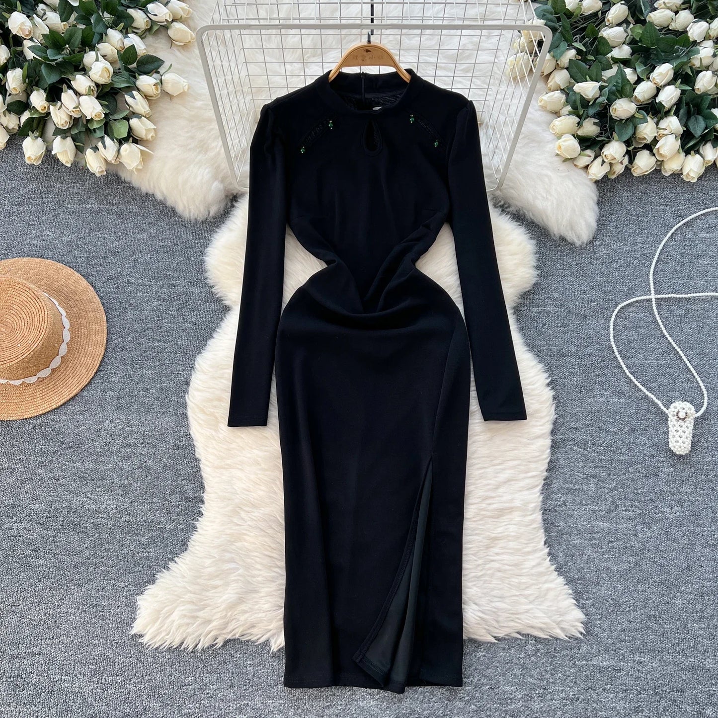 Maxy Vintage Stand Collar Elegant Long Sleeve Chic Hollow Out Embroidered Bead Slim Split Dresses Evening High Street Autumn Clothing