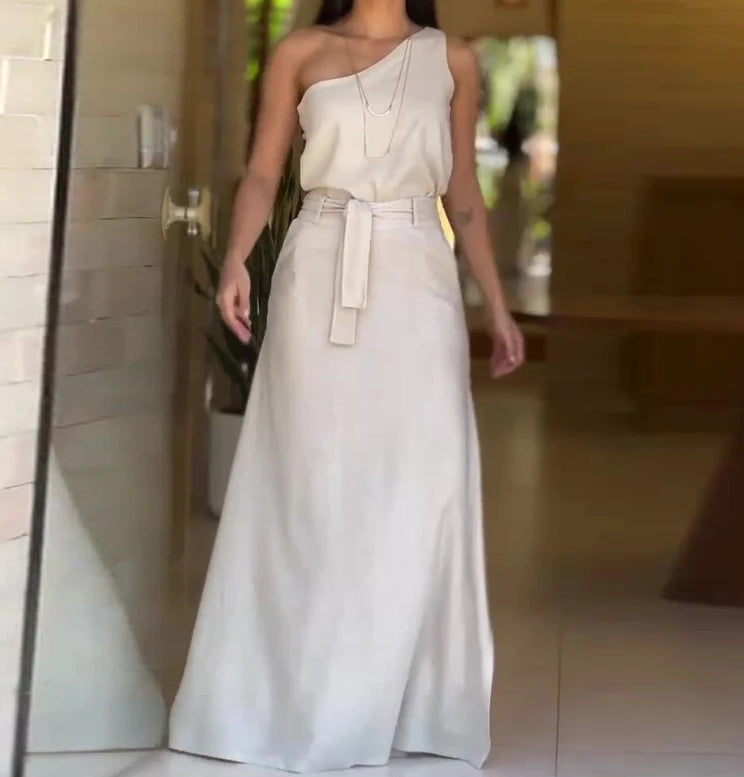Amay Women's Dress Suit Set Elegant Solid Color One Shoulder Slanted Neck Sleeveless Top and High Waist Tie Details Half Skirt Set