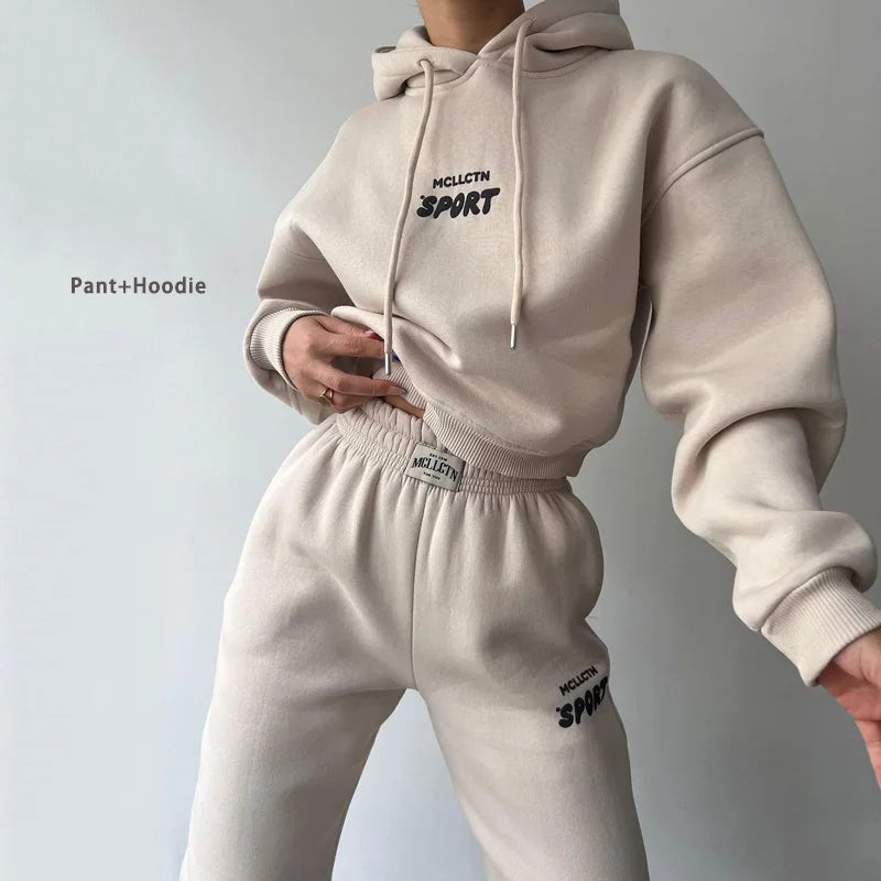 Maxy Winter New Two Piece set Fleece Hoodie Pant Set y2k Sweatshirt Trouser Sportswear Set Workout Suits For Women Casual Hoodie Sets