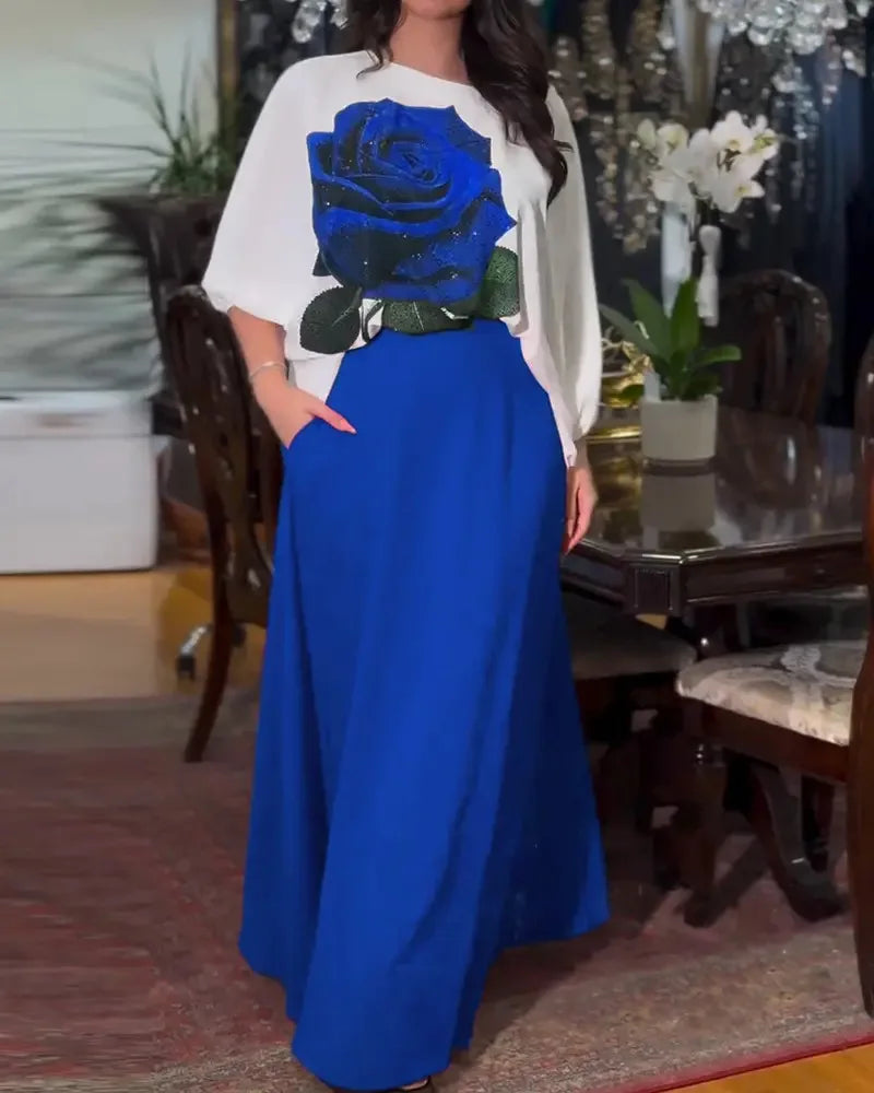 Maxy Casual Long Sleeve T-shirt Dress Set Office Lady Spring Summer Loose Print Tops Solid Skirt Two Piece Set Women Outfit