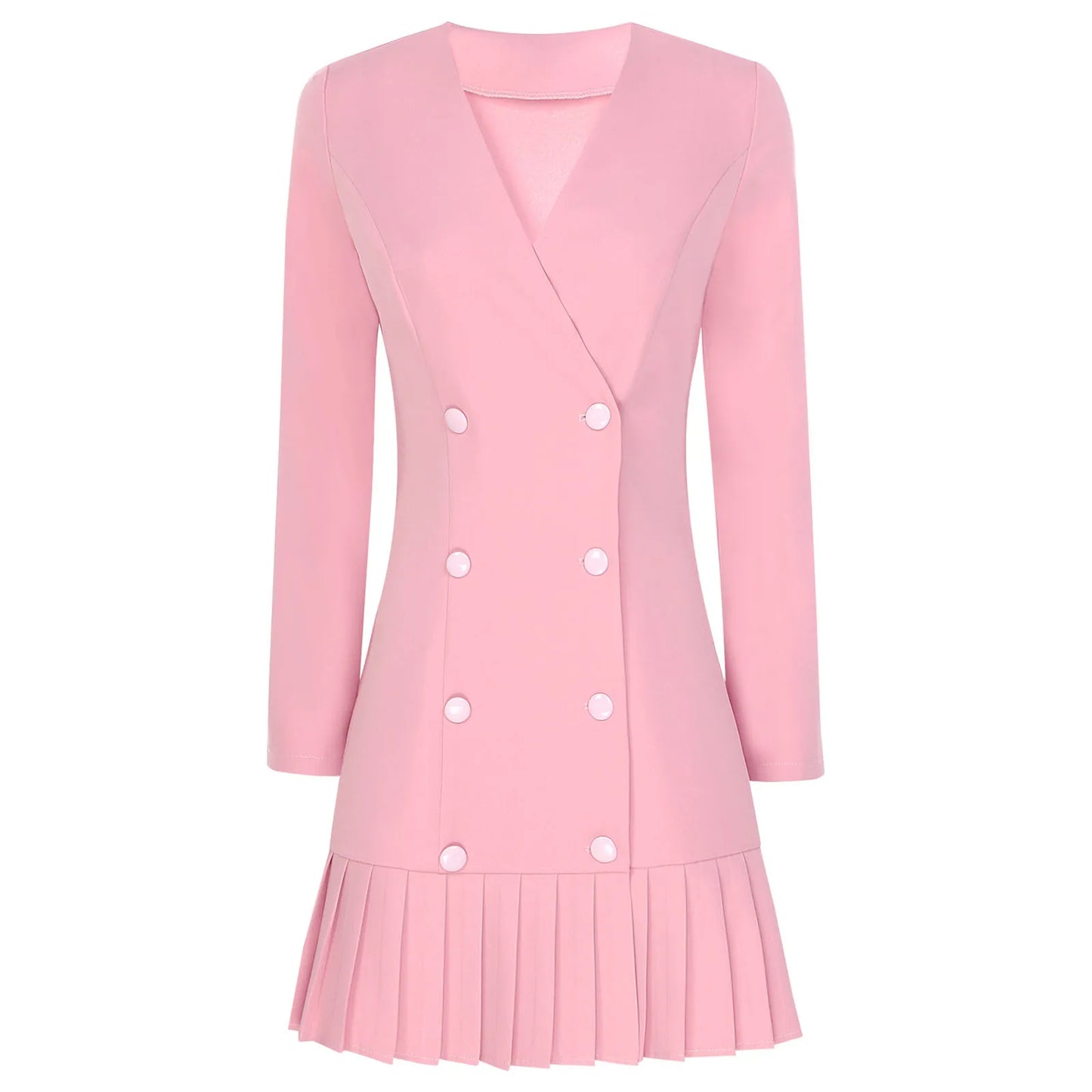 Maxy Fashion Women Blazer Dress Long Sleeve V-neck Pleated Hem Double-breasted Dress for Work Commuting Party Daily OL Formal Clothes
