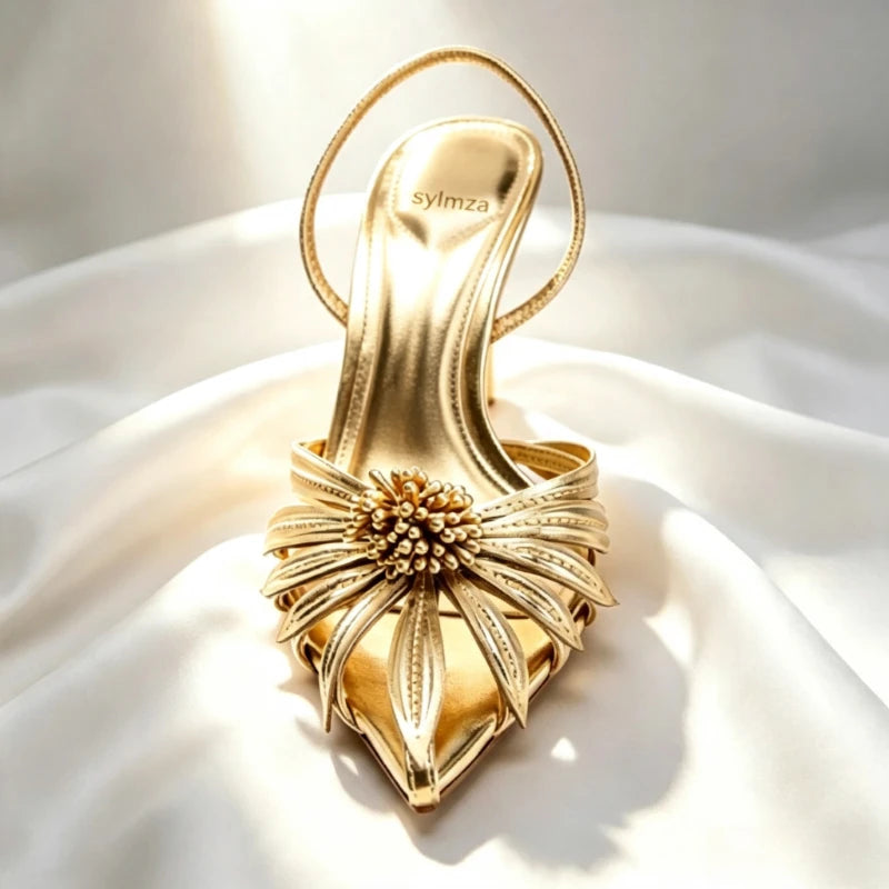 Maxy Luxury Gold Floral Detail Slingback Heels Women Unique Laminated Effect Design Pointed-Toe Heel Sandals Elegant Party Dress Shoe