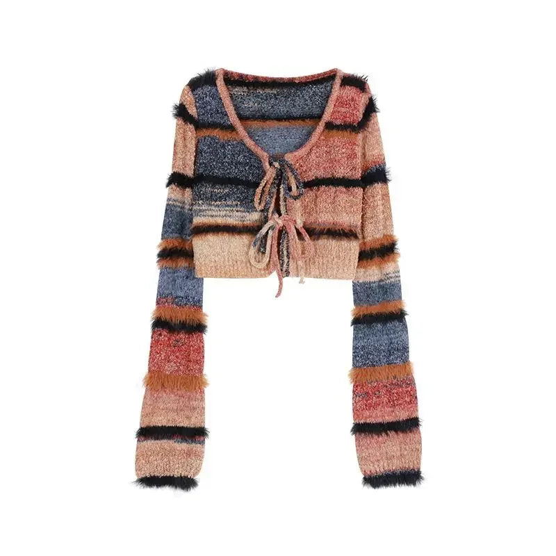 Maxy Striped Knitted Two-Piece Sets Women Korean Style Sexy Long Sleeve Cardigan Autumn Winter Sweater Sling Dress Y2k Suits