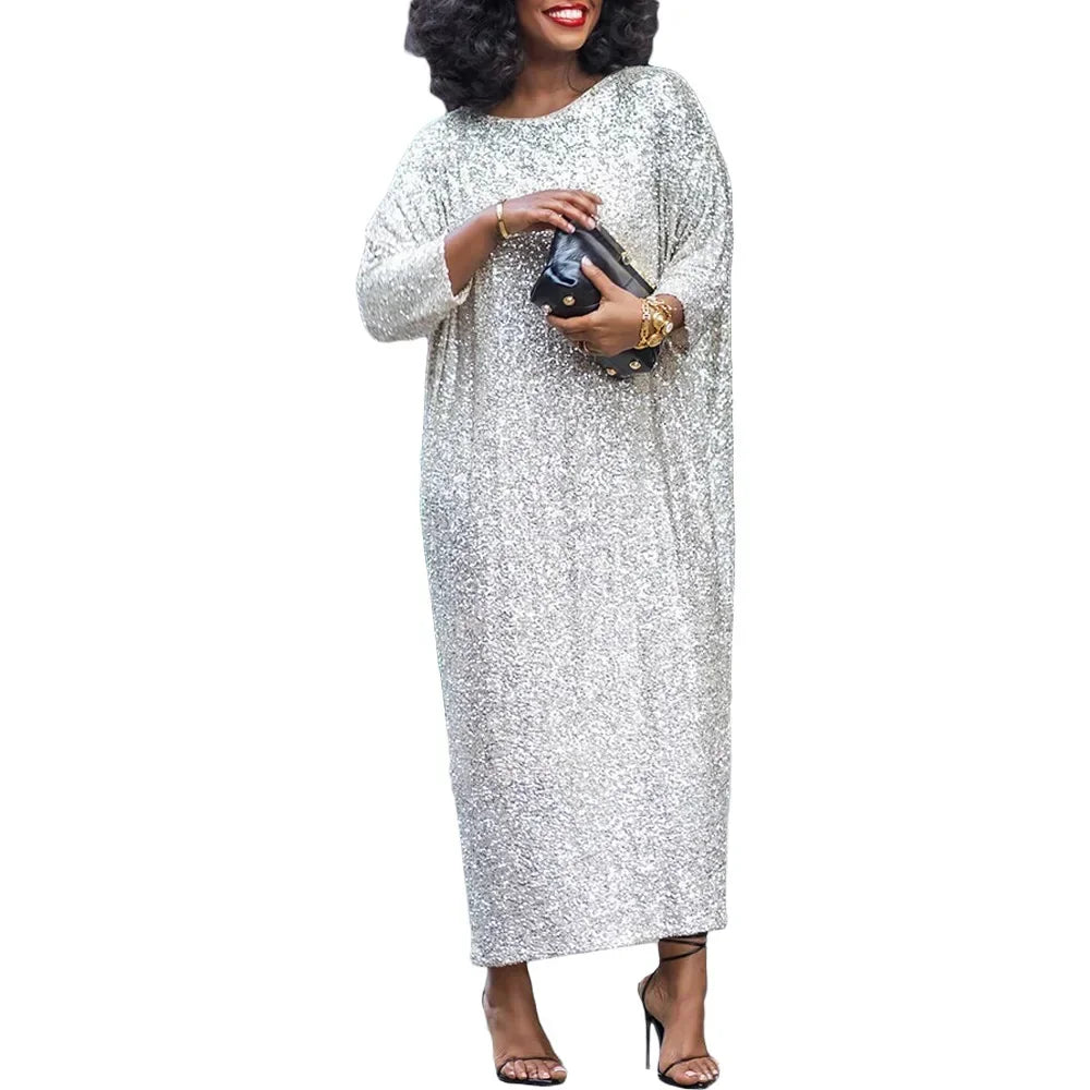 Amay Sequins Dress for Women Elegant African 3/4 Sleeve O-neck Silver Long Party Evening Dress Dashiki African Clothing