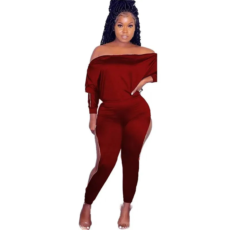 Amay HLJ&GG Autumn New Side Zipper Skinny Pants Two Piece Sets Women Off Shoulder Long Sleeve Top And Pants Outfits Casual Tracksuits