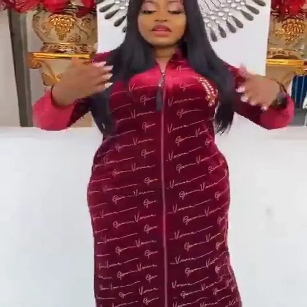 Amay mom fashion dress stretch gold velvet fabric front and back sleeves hot drilling zipper dress