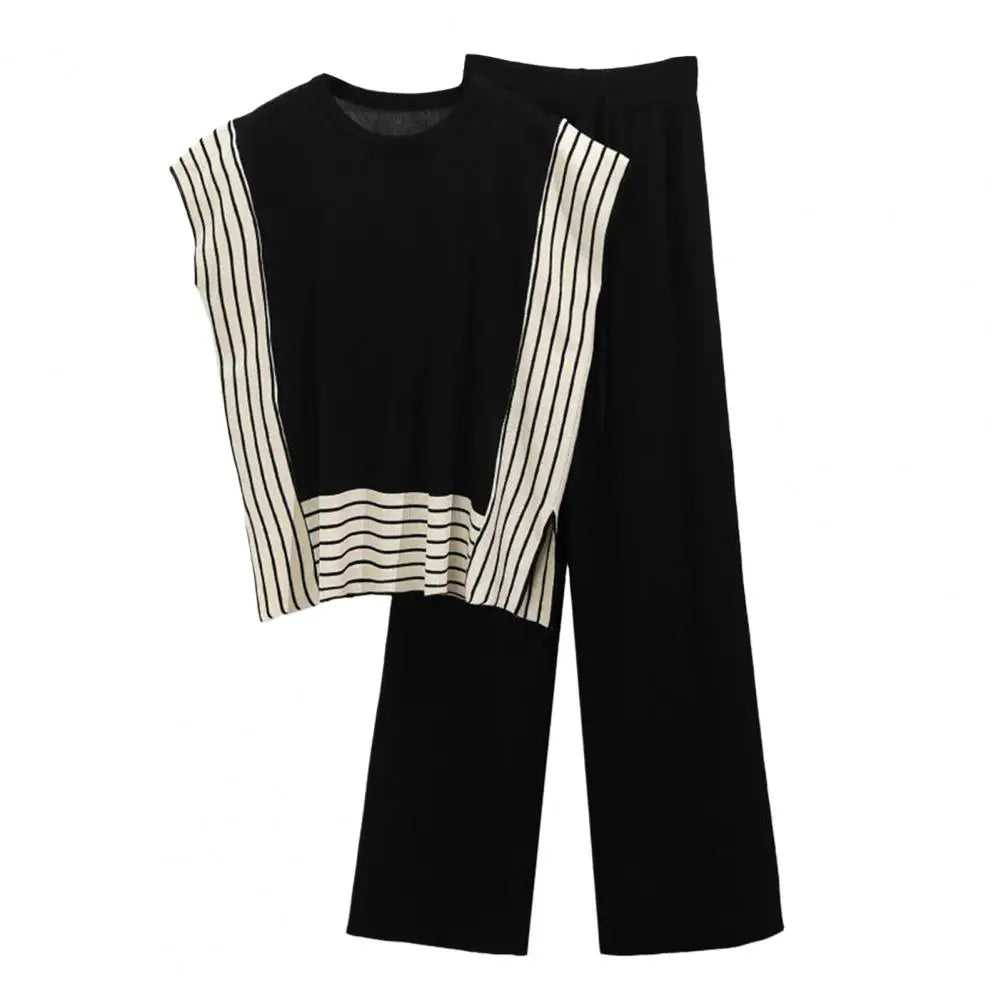 Maxy Women Top Pants Set Striped Knitted Two-piece Set for Women Top High Waist Pants Contrast Colors Homewear Outfit Women Two-piece