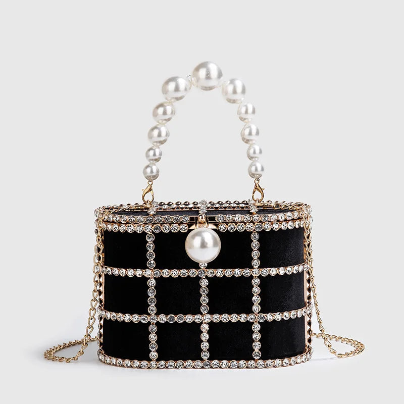 Maxy Luxury Diamond Metal Bucket Pearl Handle Women Party Clutch Purses and Handbags French design Ming Ai Wedding Chain Shoulder Bag