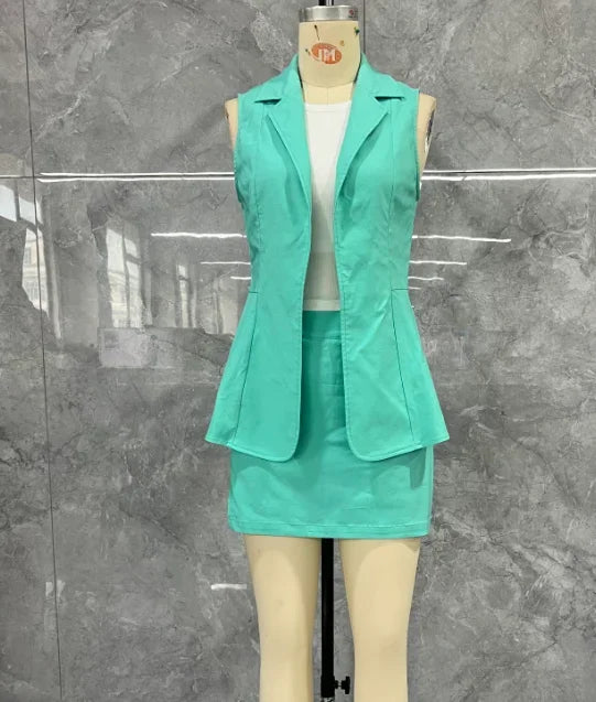 Maxy Sets for Women 3 Pieces Outfits casual commuting sleeveless Blazer Jacket round neck white vest and green mini skirt set