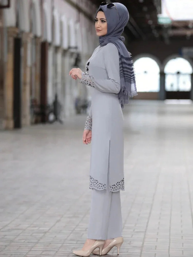 Maxy M-4XL Two Piece Sets Tops and Pants Women Turkey Muslim Abaya Split Dresses Ramadan Moroccan Kaftan Islamic Clothing