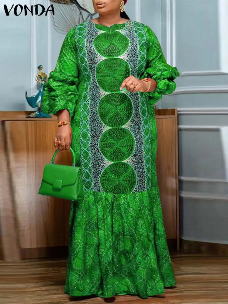 MAXY Plus Size Party Dress Women Bohemian Long Puff Sleeve Casual Printed Vintage Sundress Loose Fashion Party Robe