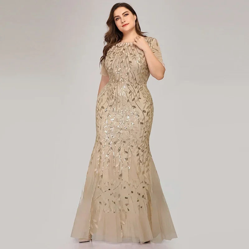 Amay Ever Pretty Dress Sequin Mesh Mermaid Slim Evening Dress Beaded Leaves Pattern Formal Dress Women Elegant