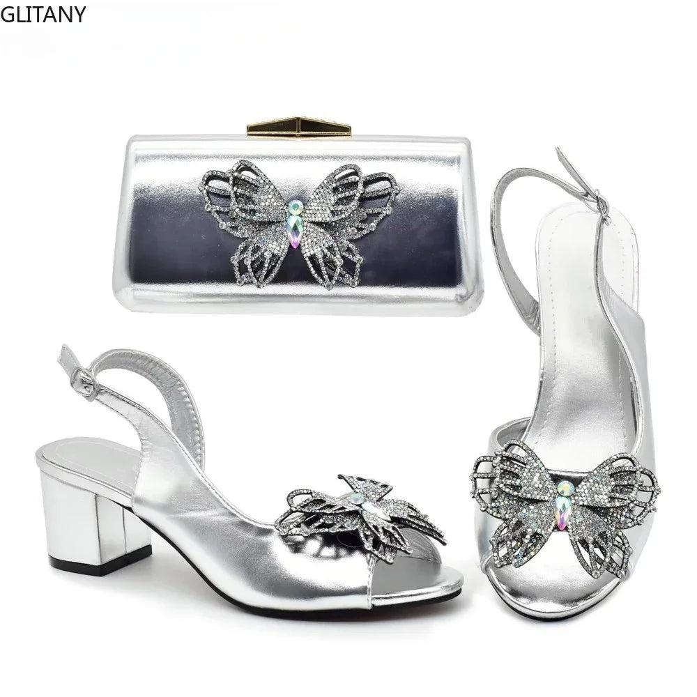 Maxy Latest High Fashion Shoes and Bags Matching Set Decorated with Diamond Butterfly Shoe and Bags Set for Wedding