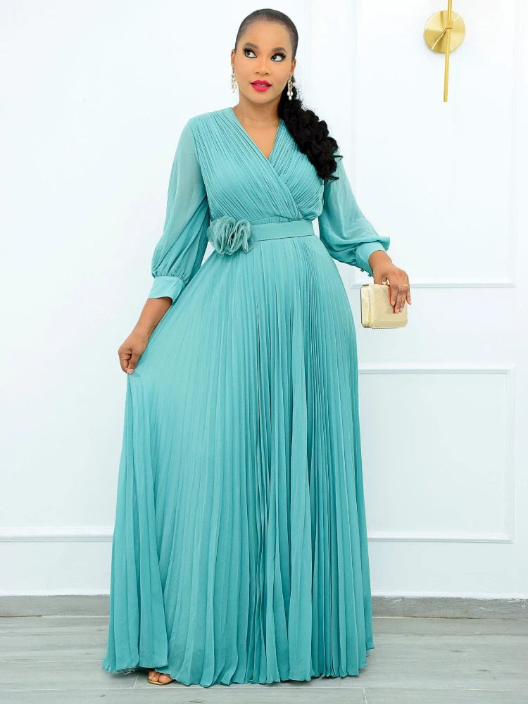 Amay Women Plus Size Lantern Long Sleeve Long Dress Fashion Elegant Solid Color V Neck Belt High Waist Ruched Evening Birthday Party