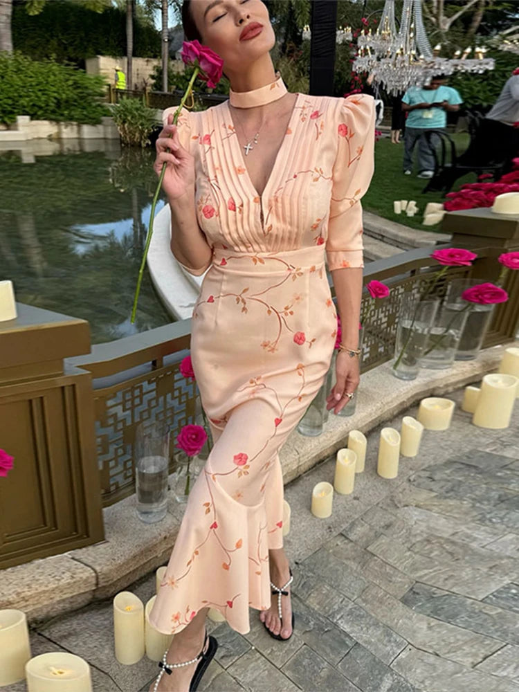 Maxy Print Deep V Shoulder Pad Long Dress Women Elegant Short Sleeve Waist Cinching Hip Package Sheath Party Dresses New Summer Robes