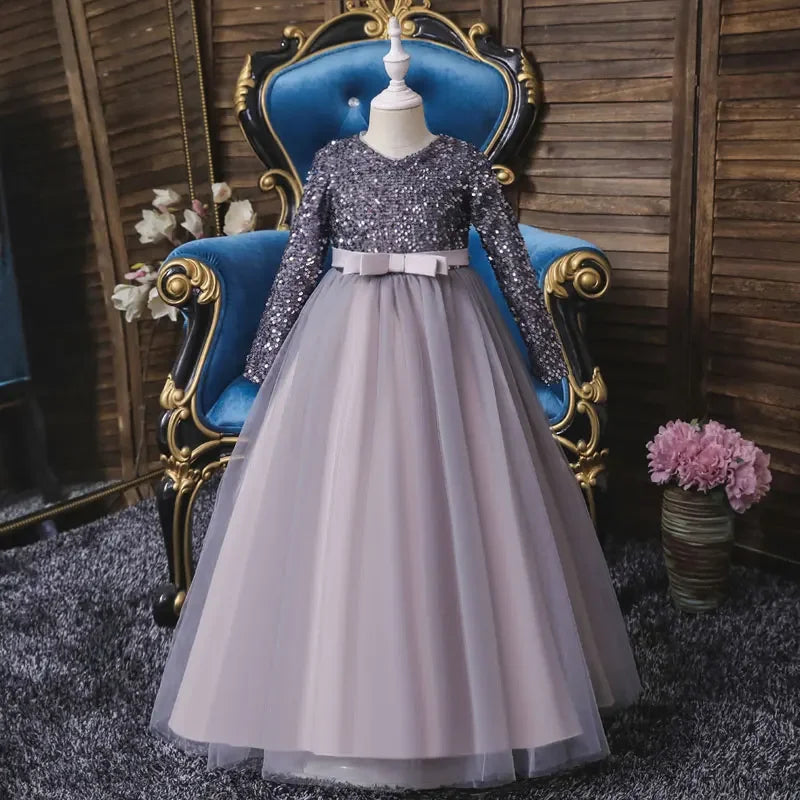 Maxy Fashion Glitter Flower Girl Dresses for Weddings Long Sleeve Kids Clothes Girls Dresses Spring & Autumn Girls Party Dresses