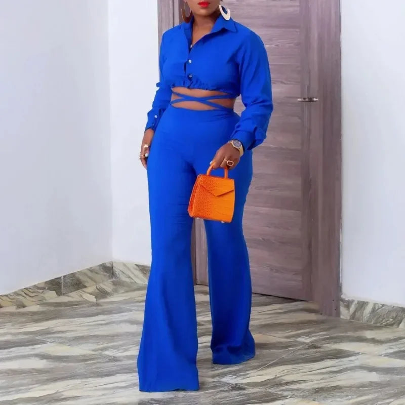 Maxy 2 Two Piece Set Dresses for Women 2024 Outfits Crop Tops Flared Trousers Set