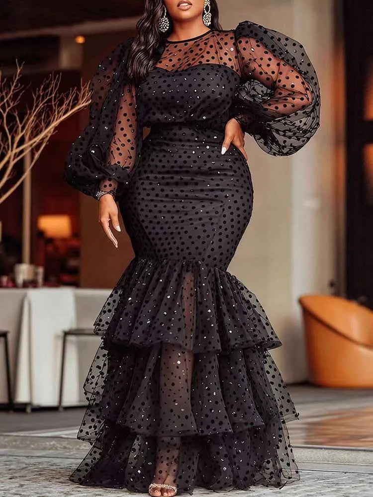 Maxy Sexy Dresses Woman Flocking Stacked Rushed Maxy Mermaid Dress Dot Mesh Puff Sleeve Long Black Party Dress Plus Size Chubby Dress