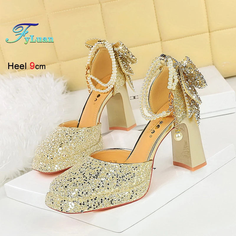 Maxy Summer New Fashion Women's Platform Sandals Glitter Bow Pearl Chain Rhinestone Decoration Ladies Eveing Heels Banquet Shoes