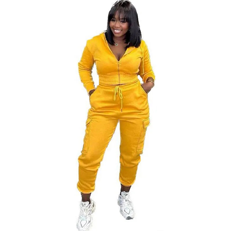 Macy Hooded Jacket Sweatshirt and Sweatpants Woman Plush Two Piece Tracksuit Long Sleeve Zipper Crop Top Legging Set