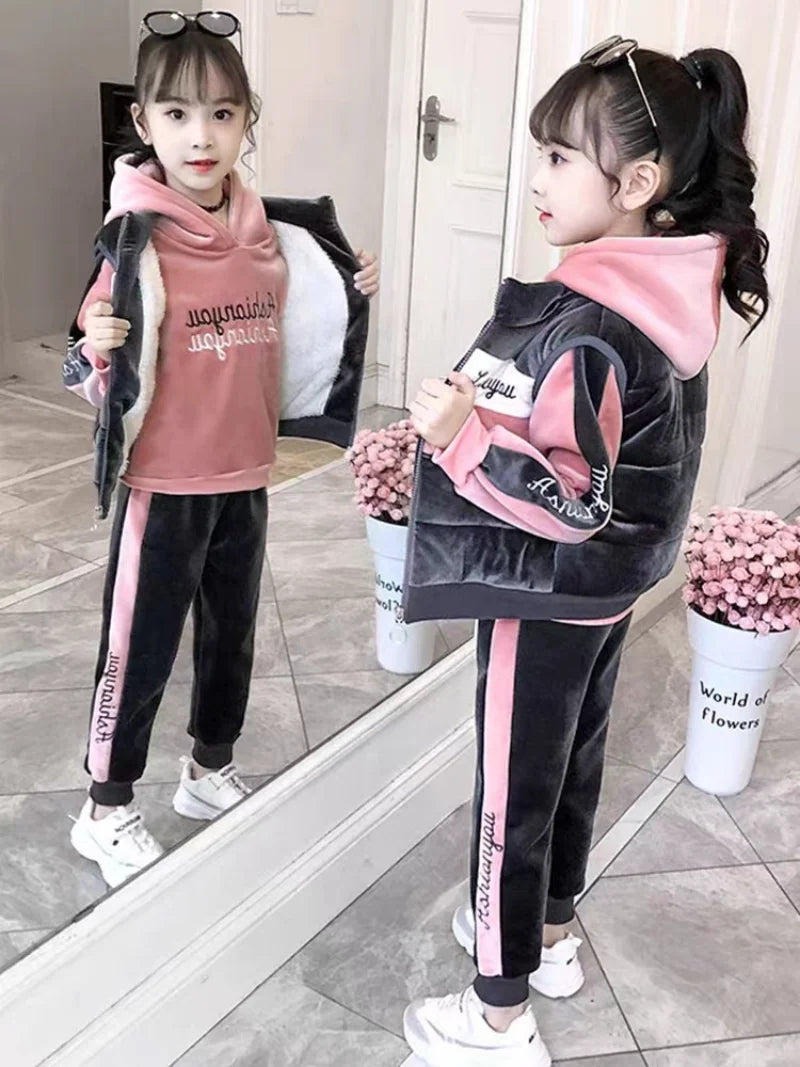 Maxy 2024 winter girl's tracksuit Autumn Toddler Teenager Clothes velvet jacket vest + hooded + strip Pant Children Kids 10 11 12 year