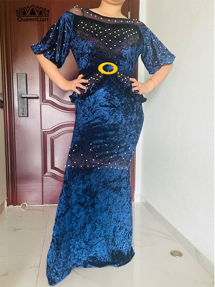 Amay Design Velvet Pearl Diamond Long Dress Big Elastic Material New For Lady(TER02#)