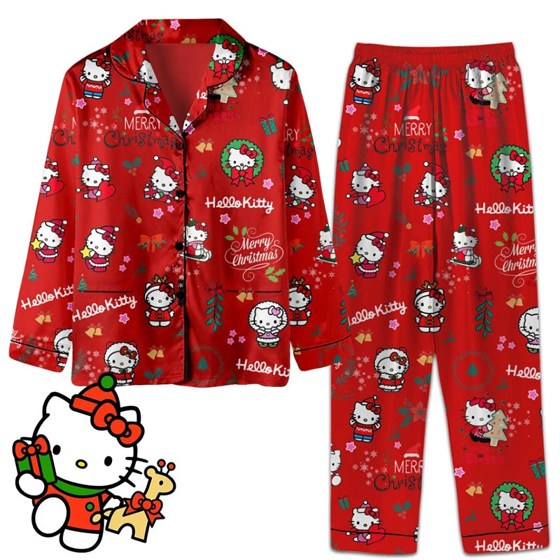 Sanrio Christmas Hello Kitty Casual Pajama Girls Y2k Home Pajamas Set Kawaii Women'S Printed Kt Cat Pants Long Sleeve Gift