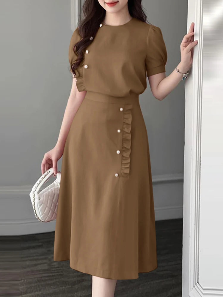 Maxy 2PCS Puff Short Sleeve Dress Sets Formal Office Long Skirt Sets Summer Women Elegant Suit Vintage Ruffled Buttons Outfits