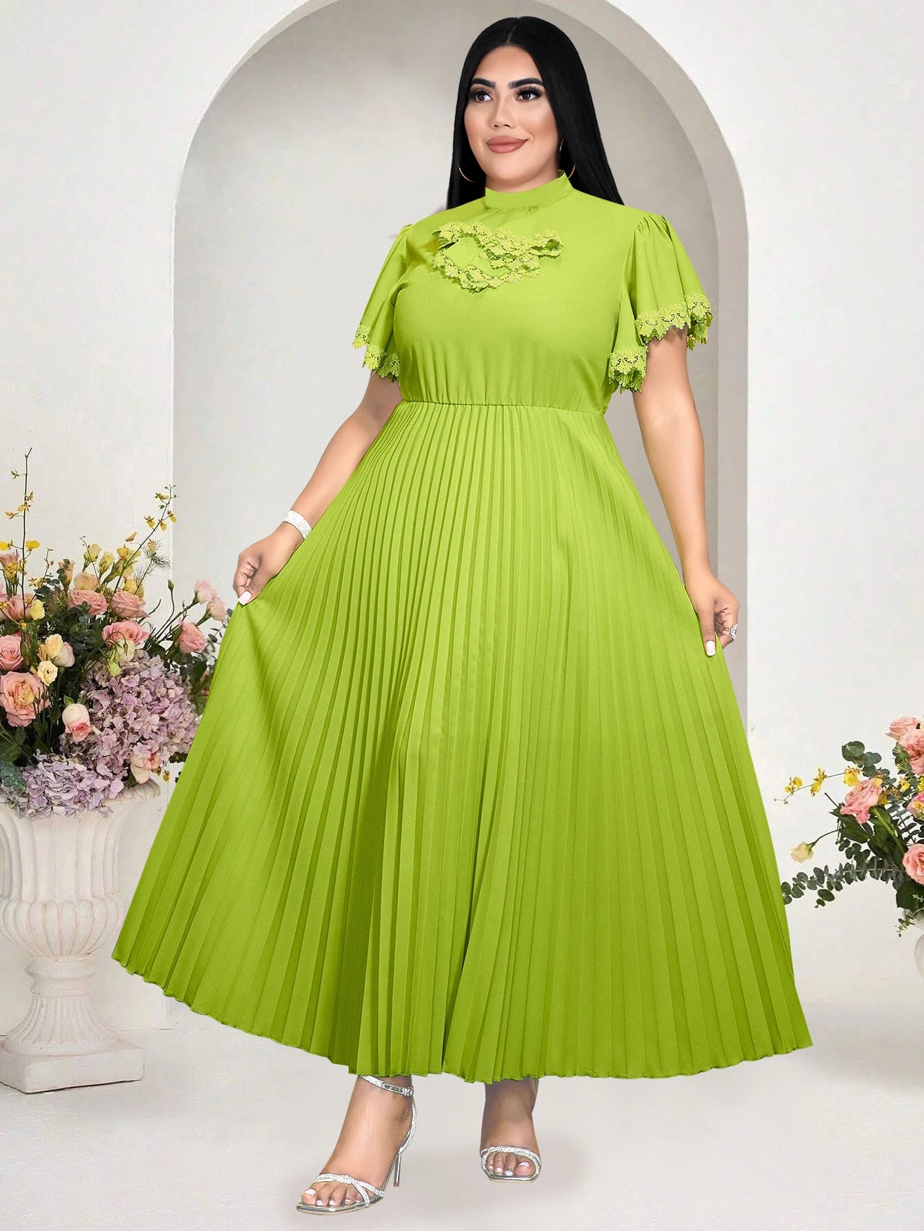 Amay Fashion Green Long Party Dress Half Collar Bowtie Butterfly Sleeves A Line Pleated Plus Size Evening Gown Birthday Church