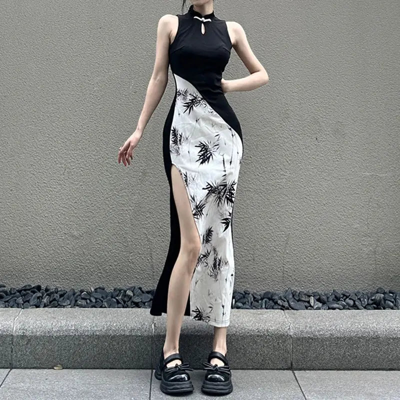 Amay Improved Modern Stand Collar Hollow Stitching Contrasting Color Sleeveless Dress Female Gothic Plate Buckle Slit Cheongsam Dress