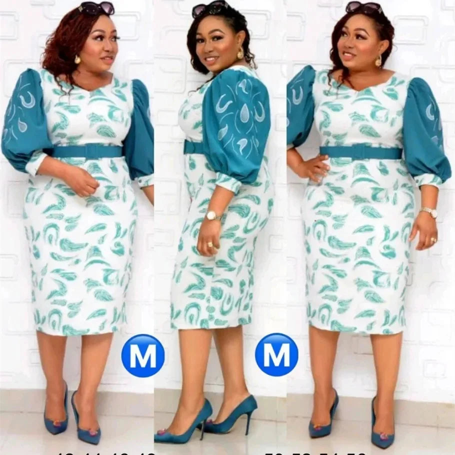 Maxy Hot Sale African and Turkey Style Plus Size Printed Lantern Sleeve Dress For Women