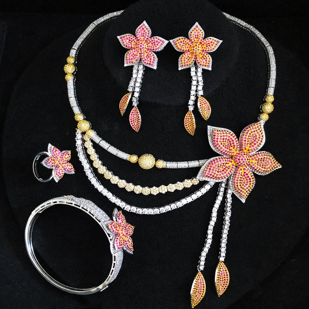 Amay Flower Tassel 4Pc African Jewelry Set for Women Wedding Luxury Indian Dubai Jewelry Set Cubic Zirconia Bridal Jewelry Sets