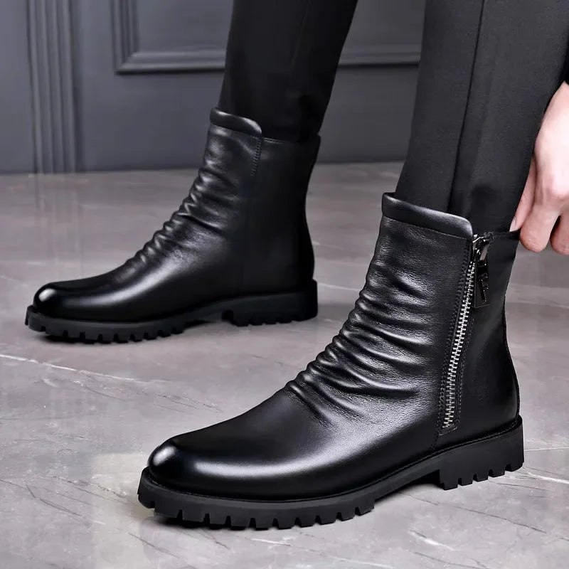 Visco High Quality Men's High Top Boots Genuine Leather Boots Business Boot Fashion Casual Dress Boot Plush Warm Winter Boots for Men