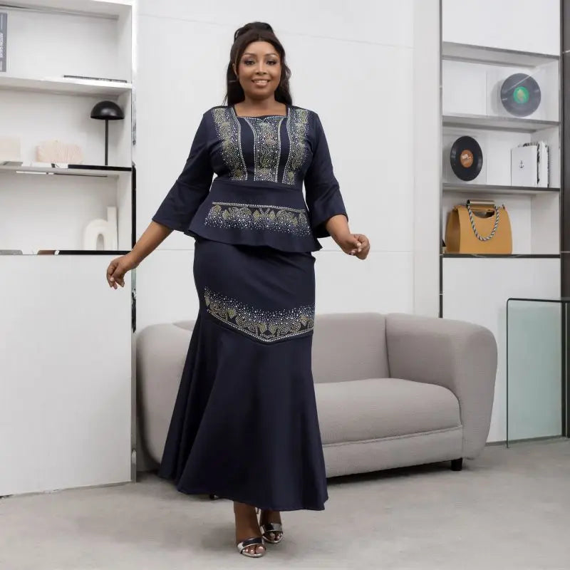 Amay Fashion Wedding Party 2 Pieces Dress Sets Skirt and Tops Suits For Women Elegant Ankara Turkey Africa Dashiki Diamonds Gown