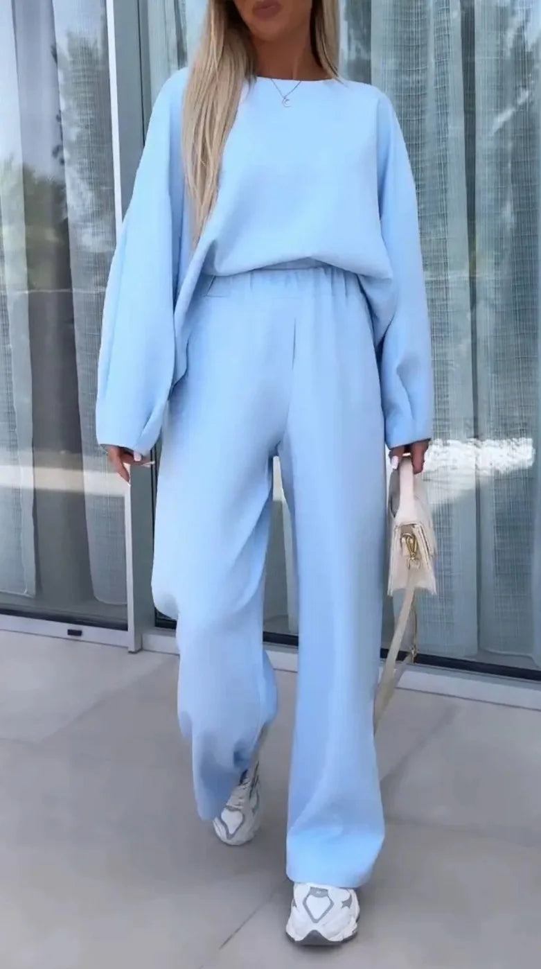 Maxy Fashion Women's Solid Color Suit O-neck Autumn Long Sleeve Sweatshirt Top Elastic Waist Trousers Two-piece Set Women Loose Set